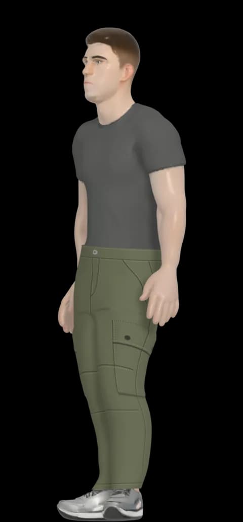 The fit model wearing the cargo trouser, three-quarter view