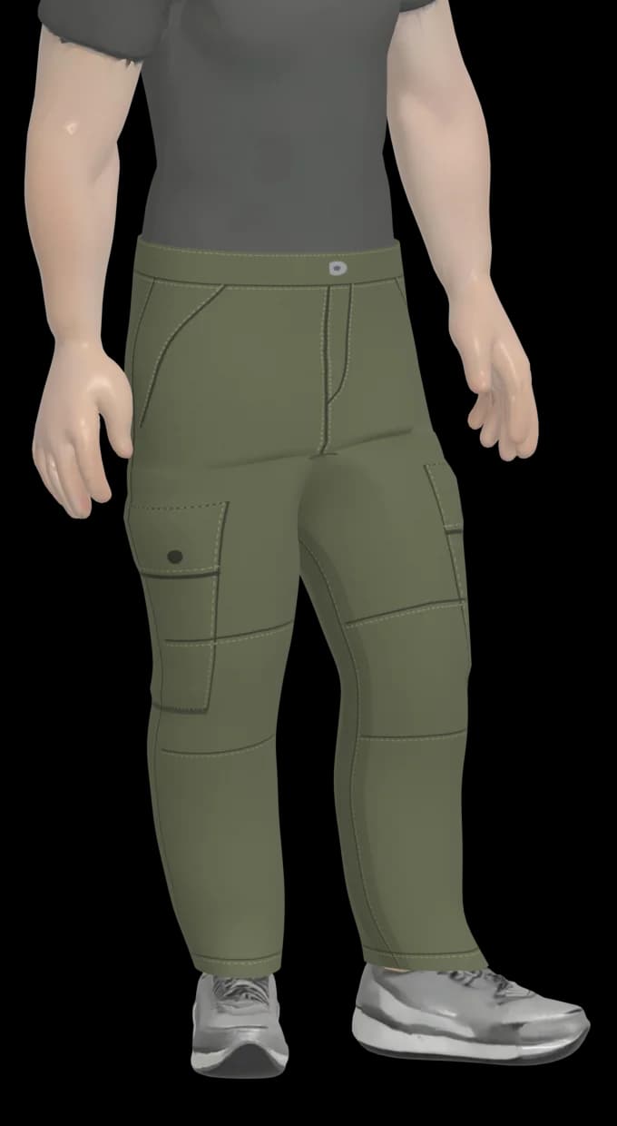 A cargo trouser as a 3D sample on the MakeFit fit model, seen close from a three-quarter angle
