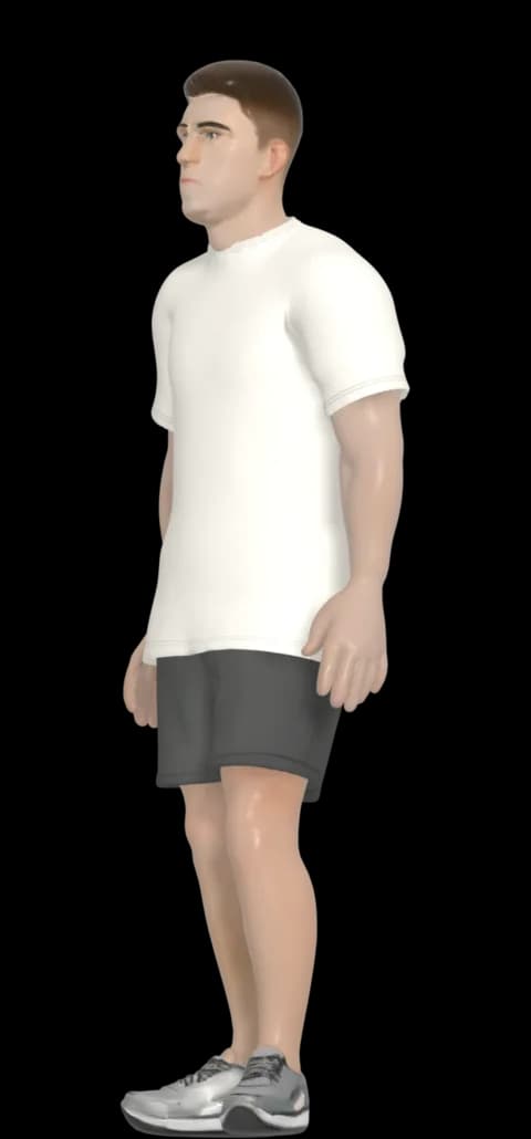 T-shirt on the fit model, three-quarter view